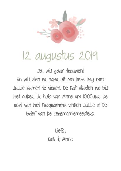 Mooie Bohemian trouwkaart met watercolor bloemen. 3