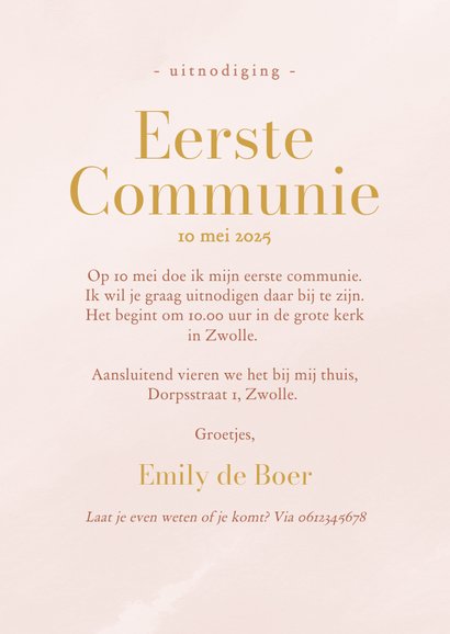 Mooie communiekaarten in roze textuur met goudfolie vogel 3