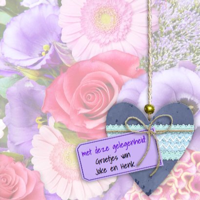 Mooie felicitatiekaart met houten hart op bloemen 3