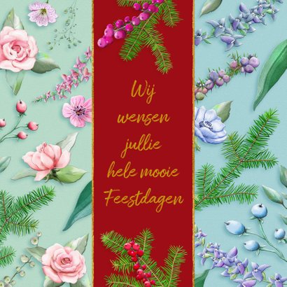 Mooie kerstkaart met bloemen en diverse takjes op kleurbanen 2