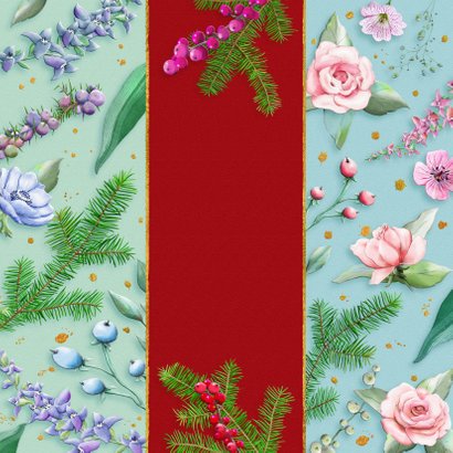 Mooie kerstkaart met bloemen en diverse takjes op kleurbanen Achterkant