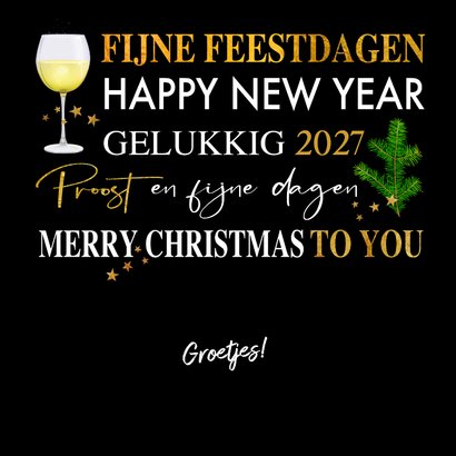 Mooie kerstkaart met teksten. takjes, gebak en wijn 3