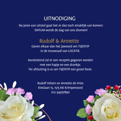 Mooie trouwkaart met witte rozen op aanpasbaar blauw 3