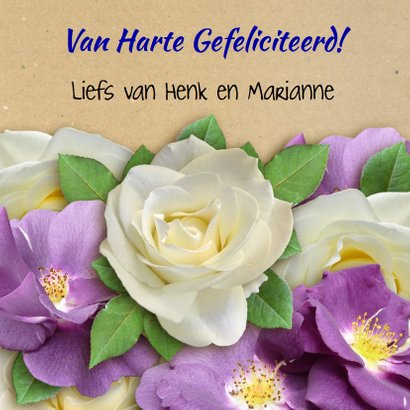 Mooie verjaardagkaart witte en paarse wilde rozen 3