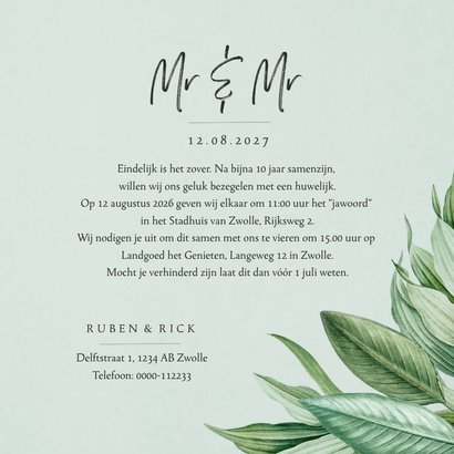 Mr and Mr trouwkaart botanisch groen bladeren stijlvol 3