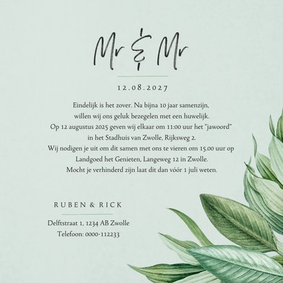 Mr and Mr trouwkaart botanisch groen bladeren stijlvol 3