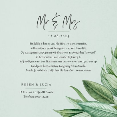 Mr and Mrs trouwkaart botanisch groen bladeren stijlvol 3