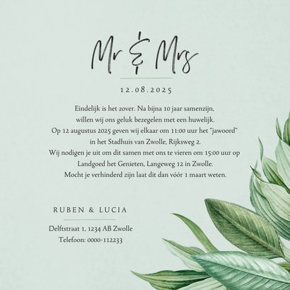Mr and Mrs trouwkaart botanisch groen bladeren stijlvol 3