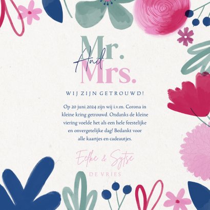 MR & MRS vrolijke trouwkaart zomerse bloemen pas getrouwd 3
