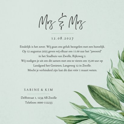Mrs and Mrs trouwkaart botanisch groen bladeren stijlvol 3
