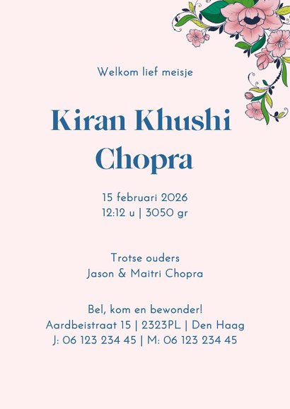 Multicultureel geboortekaartje met pauw en donker kindje 3