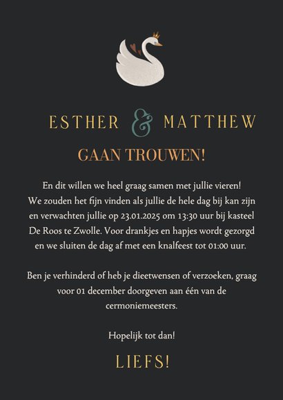 Mysterieuze sprookjes trouwkaart zwanen, lelies en kader 3