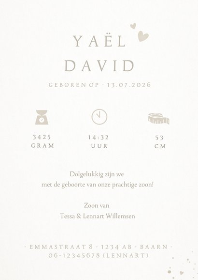 Naturel look geboortekaartje met silhouet van rotan wiegje 3