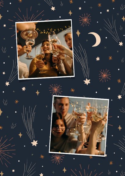 Neujahrskarte mit Mond, Sternen, Feuerwerk & Fotos 2