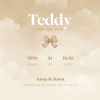 Neutraal geboortekaartje lief beertje aan ballon met strik 3