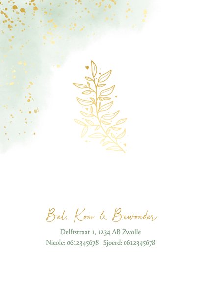 Neutraal geboortekaartje met groene waterverf gouden takje 2