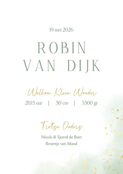 Neutraal geboortekaartje met groene waterverf gouden takje 3