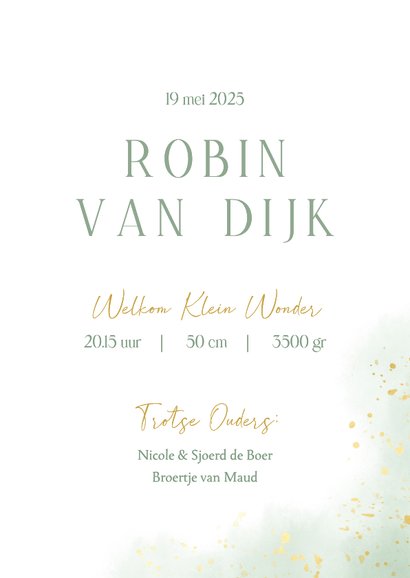 Neutraal geboortekaartje met groene waterverf gouden takje 3