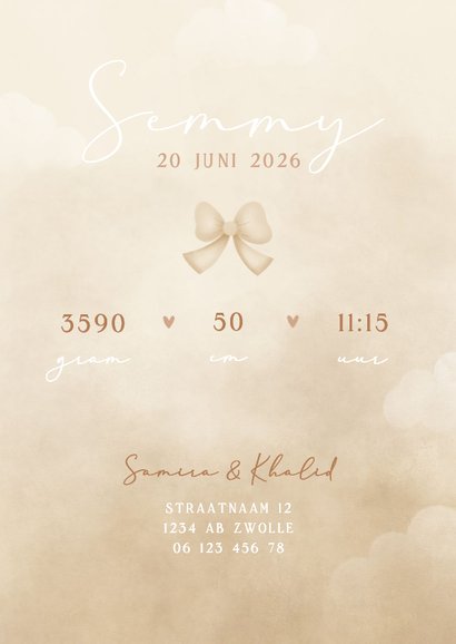 Neutraal geboortekaartje teddybeertje aan ballon met strik 3