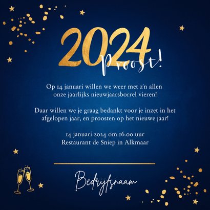Nieuwjaarsborrel blauw uitnodiging confetti goudlook  3