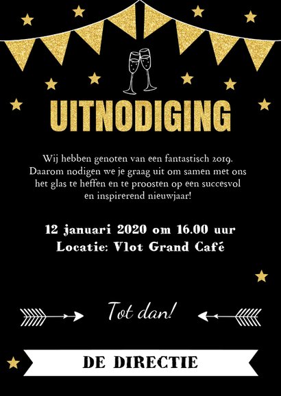 Nieuwjaarsborrel uitnodiging typografie vlaggetjes goudlook 3