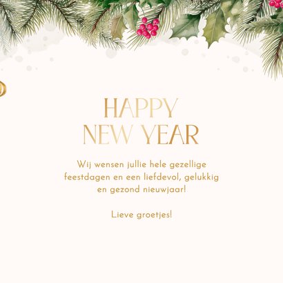 Nieuwjaarskaar hulst kerstballen happy new year goud 3