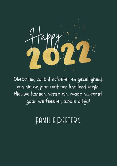 Nieuwjaarskaart 2022 carbid schieten vuurwerk sterren goud 3