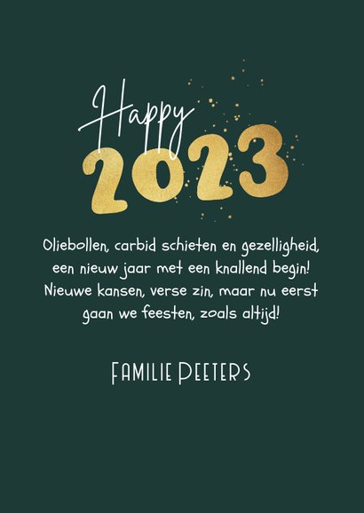 Nieuwjaarskaart 2023 carbid schieten vuurwerk sterren goud 3