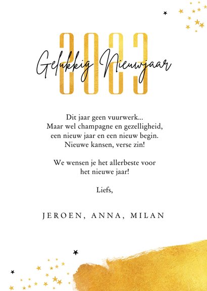 Nieuwjaarskaart 2023 goud verf sterren foto stijlvol 3