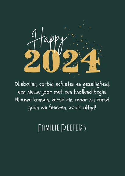 Nieuwjaarskaart 2024 carbid schieten vuurwerk sterren goud 3