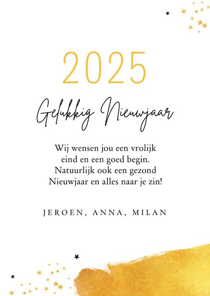 Nieuwjaarskaart 2025 goud verf sterren foto stijlvol 3