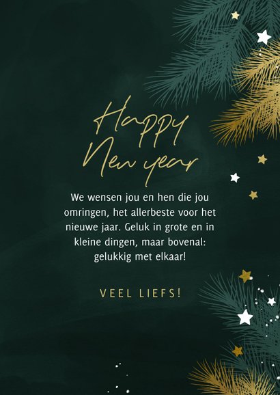 Nieuwjaarskaart 2025 met kersttakjes en gouden sterren 3