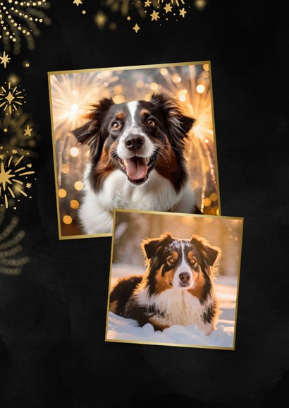 Nieuwjaarskaart 2026 met foto vuurwerk en sterren zwart 2