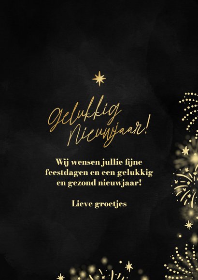 Nieuwjaarskaart 2026 met foto vuurwerk en sterren zwart 3