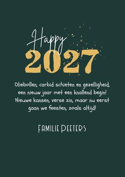 Nieuwjaarskaart 2027 carbid schieten vuurwerk sterren goud 3
