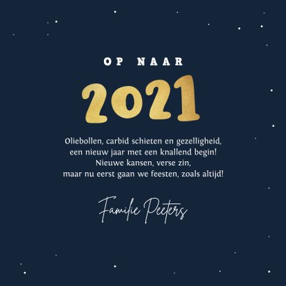Nieuwjaarskaart carbid schieten vuurwerk sterren 2021 goud 3