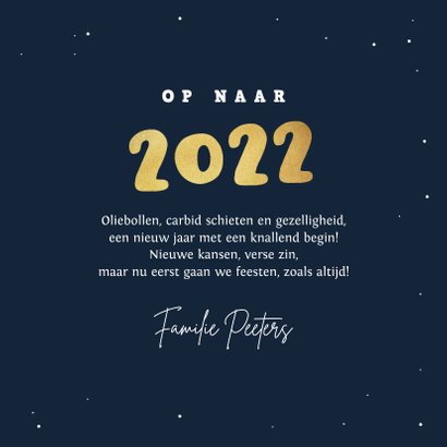 Nieuwjaarskaart carbid schieten vuurwerk sterren 2022 goud 3