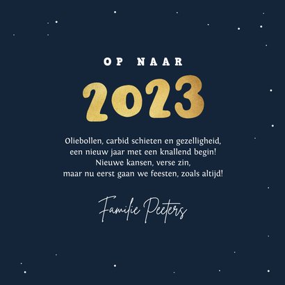 Nieuwjaarskaart carbid schieten vuurwerk sterren 2023 goud 3