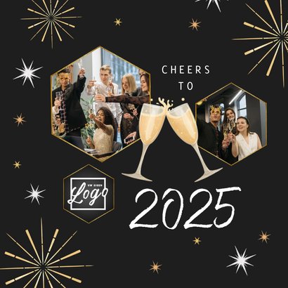 Nieuwjaarskaart champagneglazen happy new year vuurwerk 2