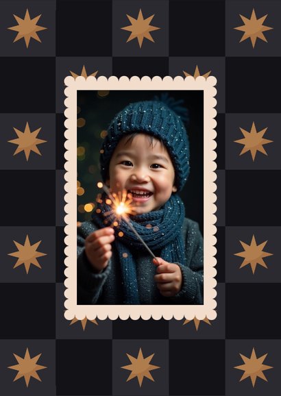 Nieuwjaarskaart cheers blokjespatroon met sterren 2