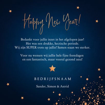 Nieuwjaarskaart donkerblauw koperlook confetti 2021 3