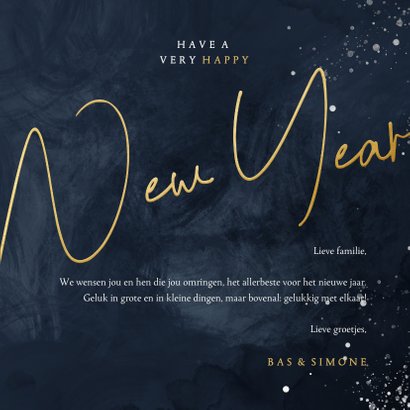 Nieuwjaarskaart donkerblauw New Year in goudlook 3