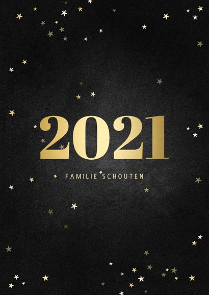 Nieuwjaarskaart fotocollage met gouden 2021 en sterren 3