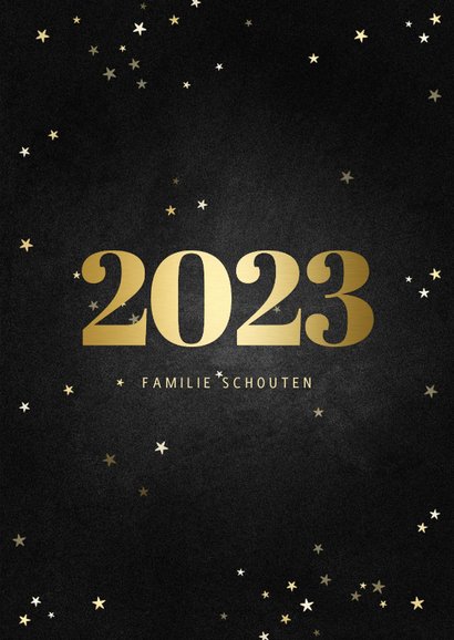 Nieuwjaarskaart fotocollage met gouden 2023 en sterren 3