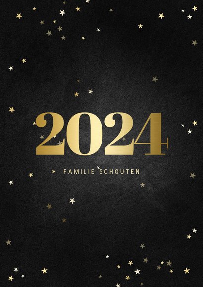 Nieuwjaarskaart fotocollage met gouden 2024 en sterren 3
