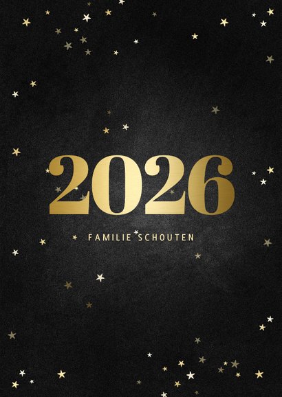 Nieuwjaarskaart fotocollage met gouden 2026 en sterren 3