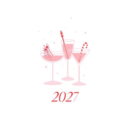 Nieuwjaarskaart glaasjes cocktails in wit roze en rood 2