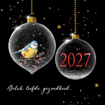 Nieuwjaarskaart glazen kerstballen met jaartal 2