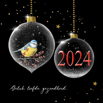 Nieuwjaarskaart glazen kerstballen met jaartal 2