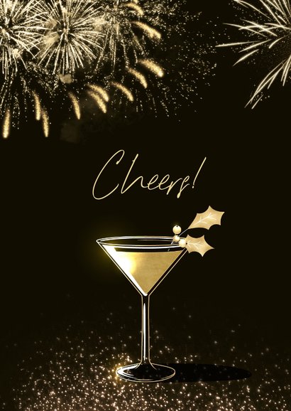 Nieuwjaarskaart goud chique cocktailglas glitters vuurwerk 2